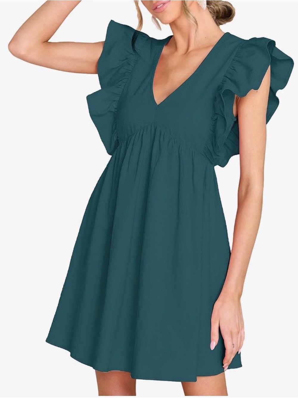Teal Ruffle-Sleeve V-Neck Dress